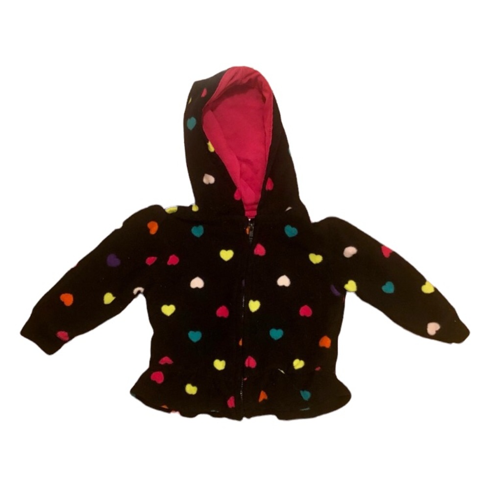 Garanimals black hooded fleece with multicolored hearts and peplum bottom, 12M